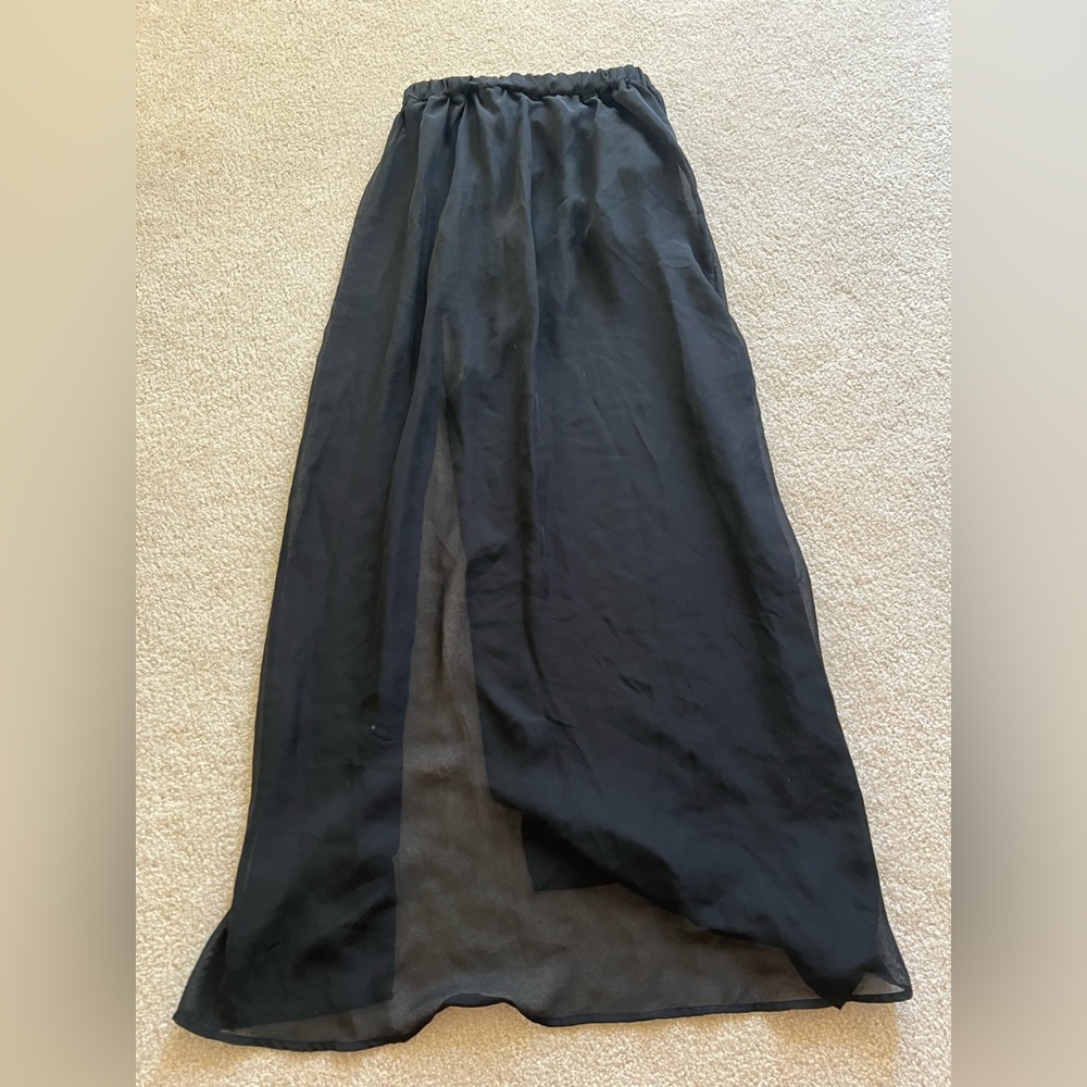 Kirra short black skirt with long sheer overlay & high slit, S
